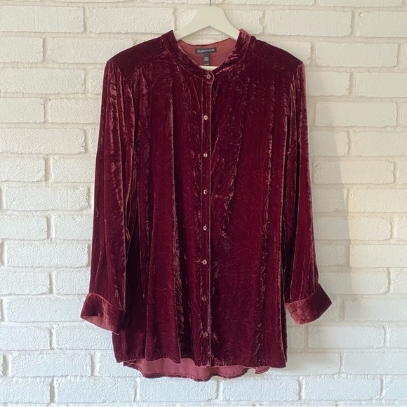 Eileen Fisher Velvet Classic Collar Long Tunic Shirt Deep Claret Red Size XL - Picture 1 of 9